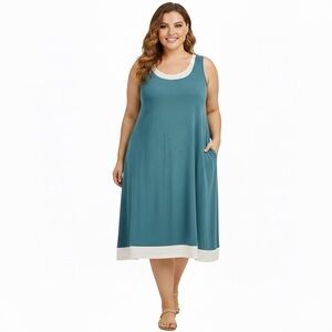 Spring Summer Peacock Blue Sleeveless Dress White Trim Size Extra Large XL